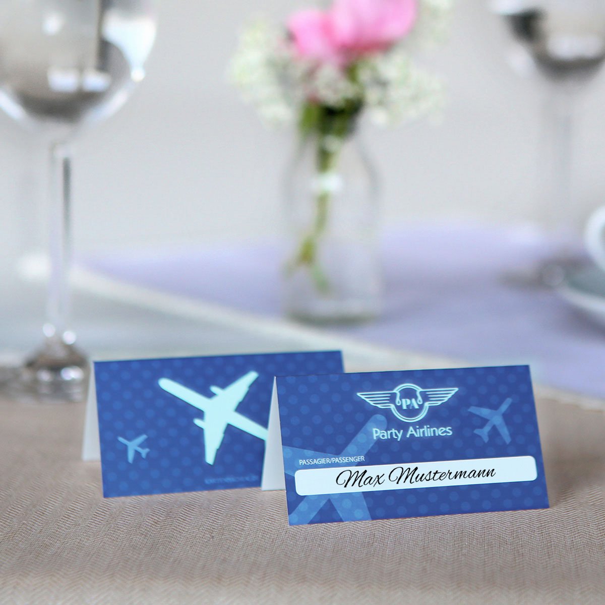 80 x Blanko Platzkarten Namenskarten Tischkarten Geburtstag Hochzeit - Flugticket in Blau