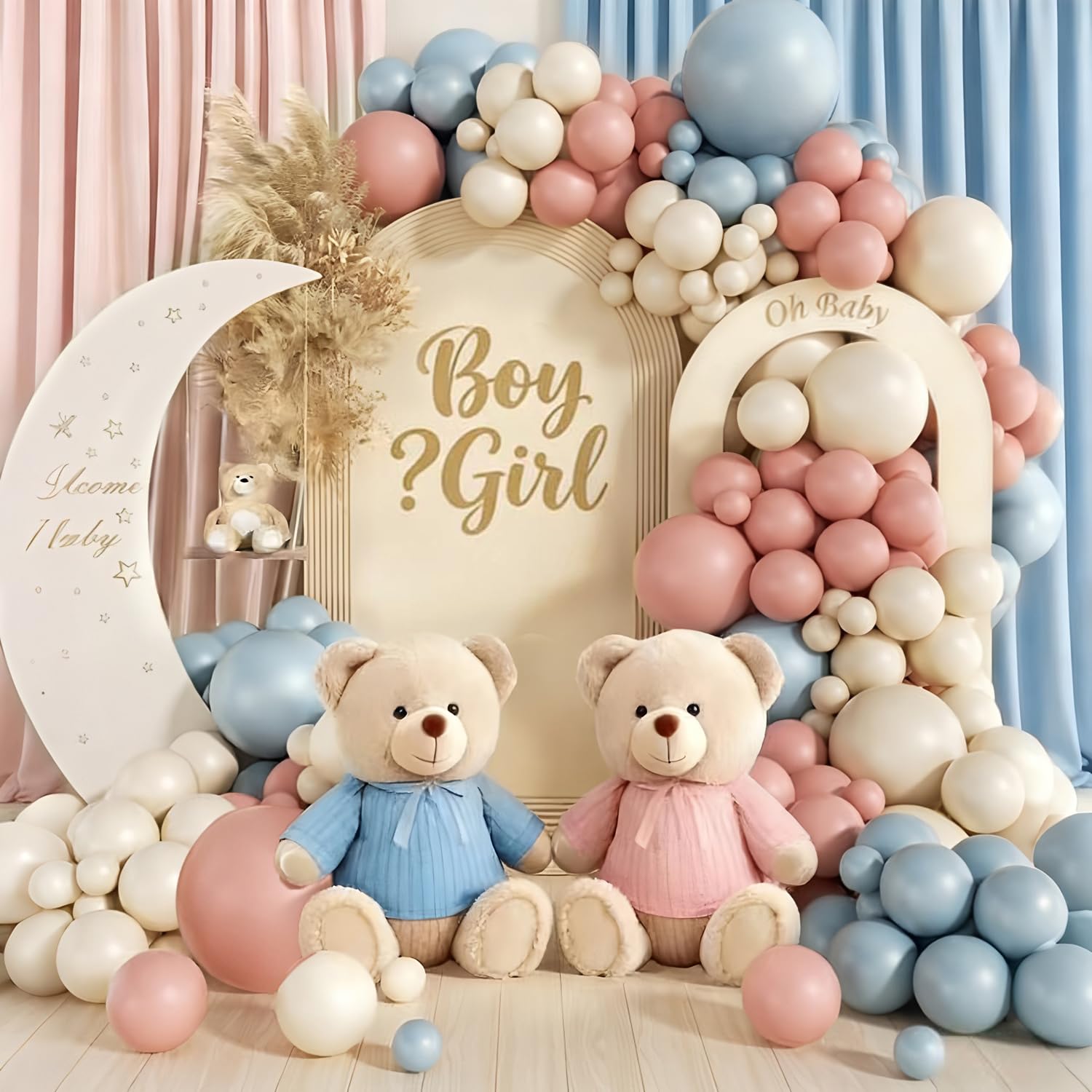 Dusty Blue Pink Balloon Arch, 113Pcs Gender Reveal Balloon Garland, Pink Blue Beige Latex Party Balloons for Boy or Girl Gender Reveal Birthday Bridal Shower Baby Shower Bear Theme Party Decorations — image 1