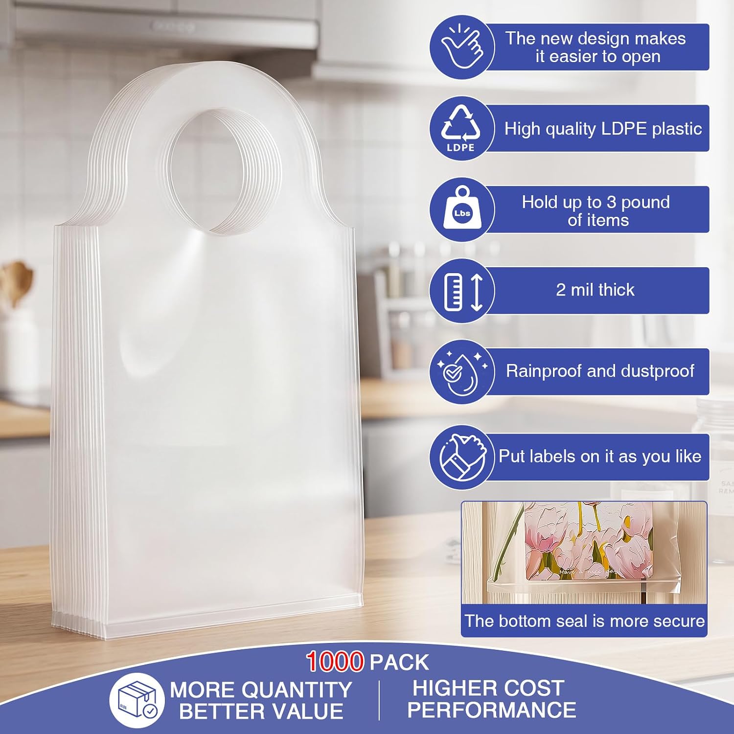 1000 Pcs 6” x 12” Door Hanger Bags Plastic Clear Knob Bags with Wave Handle for Business, Protects Flyers, Greeting Cards, Small Gifts, Announcements, Brochures Waterproof Door Hanger Outdoor