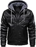 HOOD CREW Zipper pour hommes PU Veste de moto en cuir faux avec amovible Hood