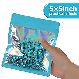 EONJOE 100-pack 55 inch mylar bags with clear window holographic resealable sealable packaging zip bag for small bussiness jewelry candy sample food packing supplies Blue
