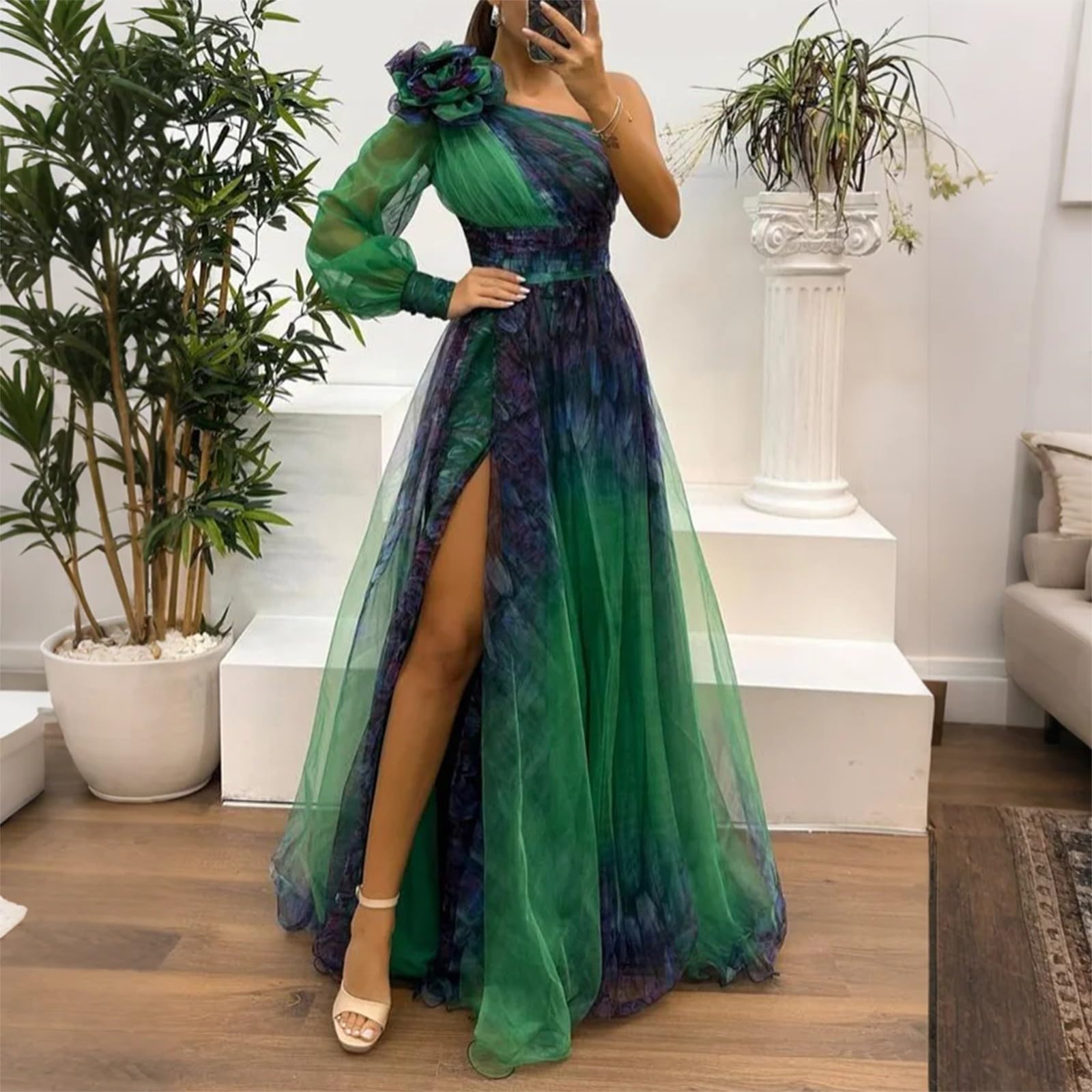 Générique Robe Femme Épaule Asymétrique et Manches Longues en Tulle Imprimé Fleuri avec Bretelles Robe Plage et Fêtes d'Été de Vacances