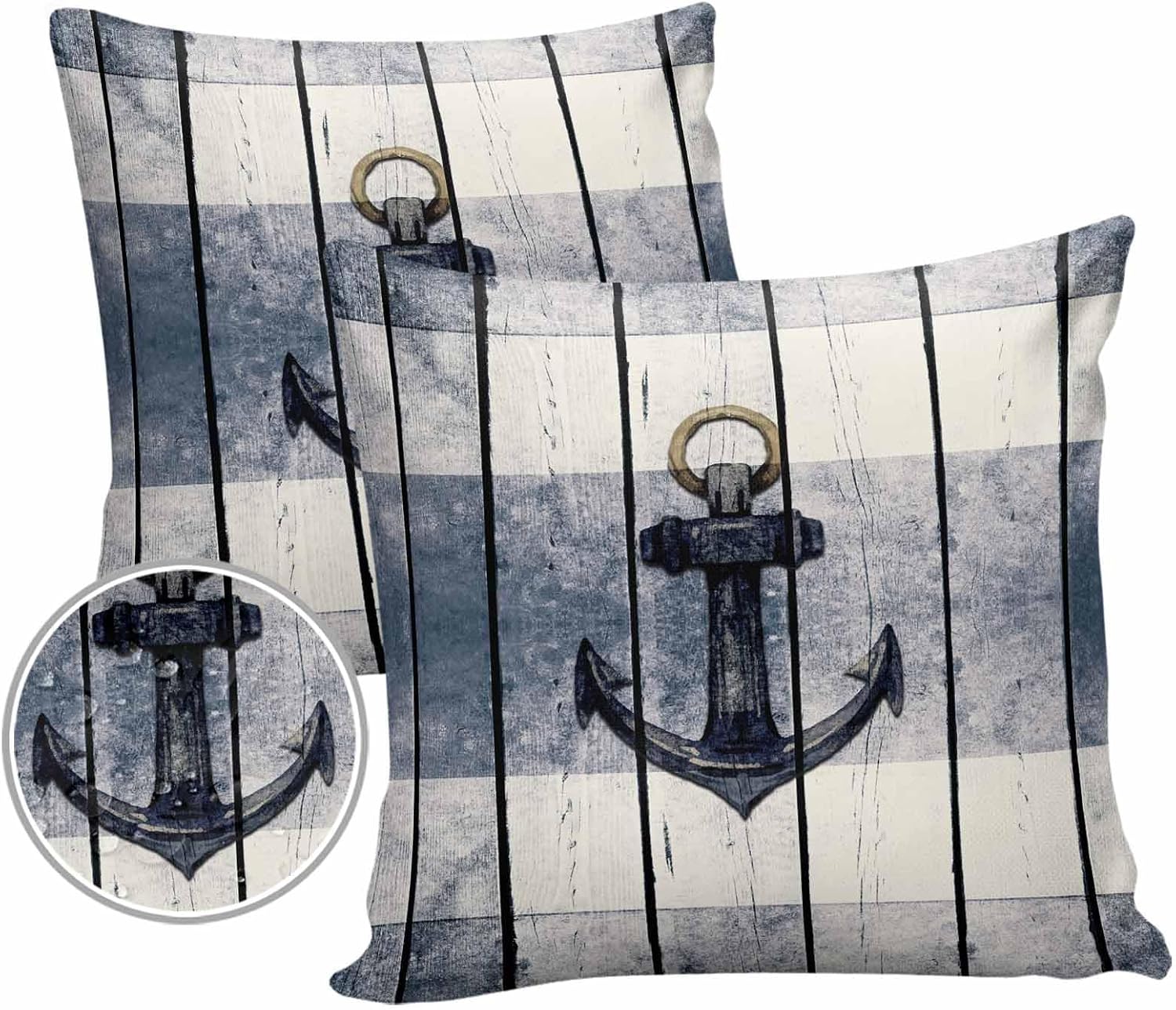 Waterproof Pillow Protector 2 Pack, Pillow Cover with Zipper Retro Wood Grain Anchor Strips 18"x 18" Pillow Protector Pillow Covers Encasement Pillow Case
