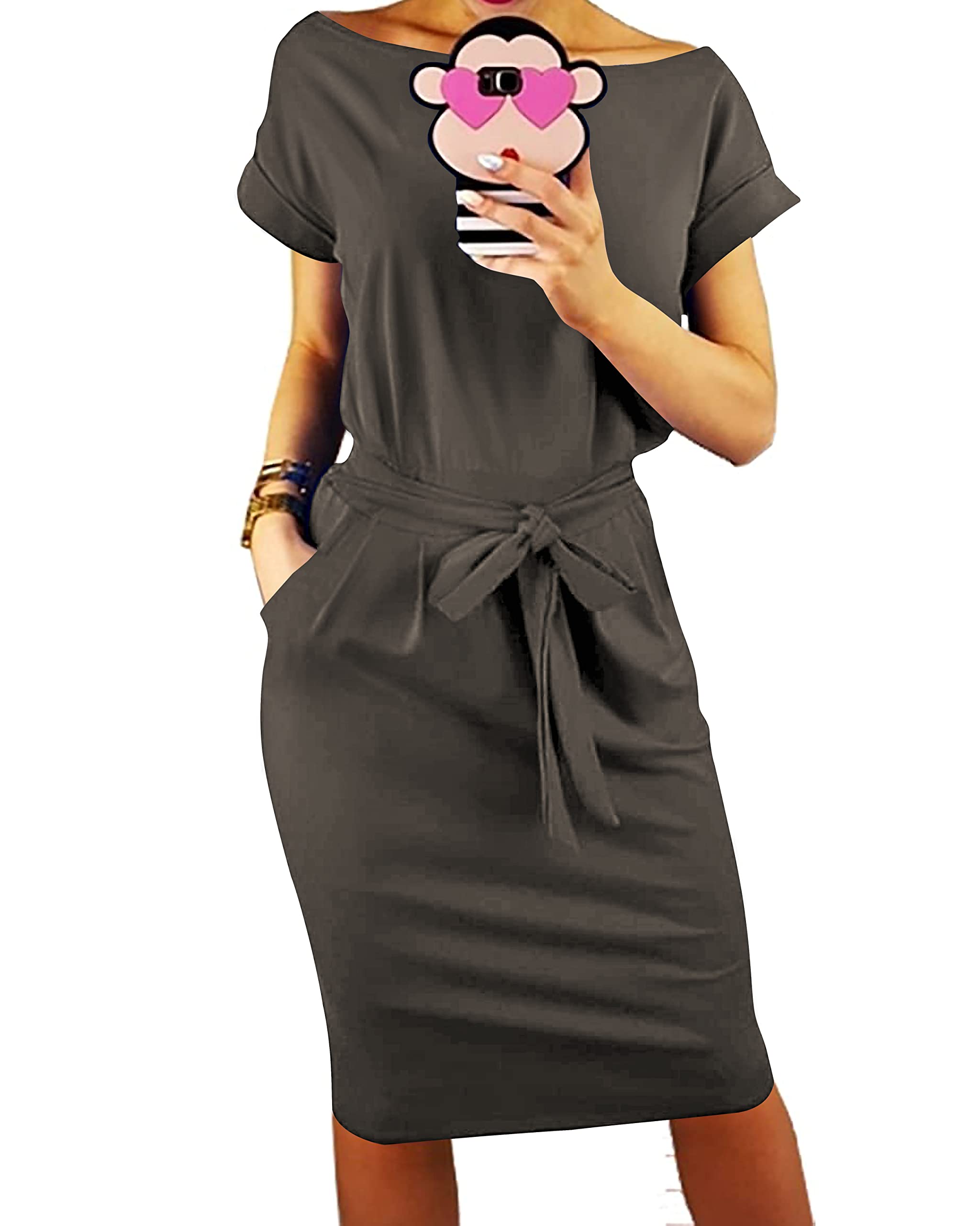 PRETTYGARDEN Women's Summer Short Sleeve Crewneck Striped Dress Basic Solid Tie Waist Office T Shirt Dresses Pockets
