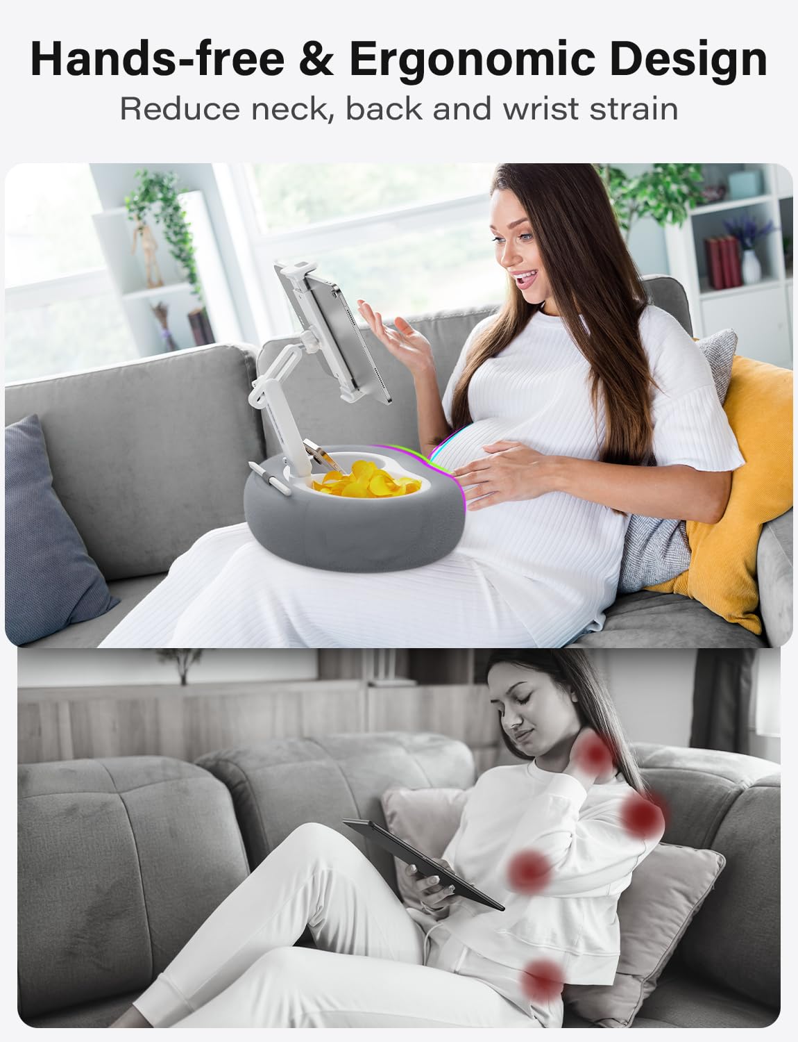 TAZENI Soporte de almohada para tablet Kindle con 2 bandejas para teléfono/tableta/Kindle iPad de 4 a 13 pulgadas, soporte para cama con accesorios de lectura de tela suave, regalo para leer, color