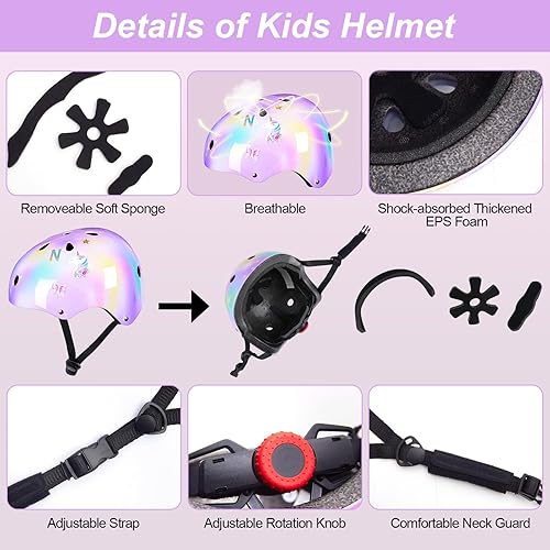 Miniatura 5 de Casco para niños, casco de bicicleta para niños pequeños con calcomanías de bricolaje, rodilleras y coderas de unicornio, conjunto de equipo de
