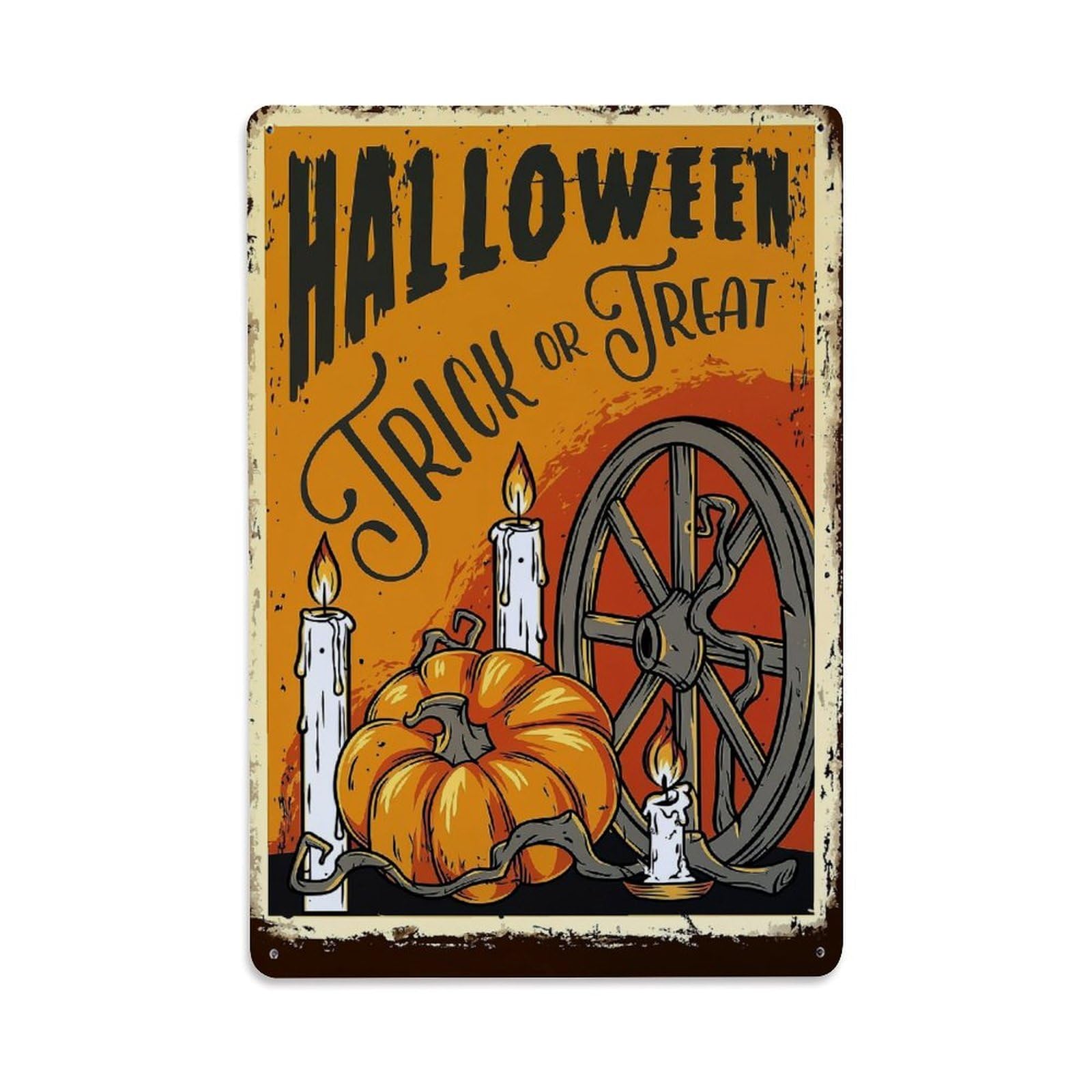 Jdyaojiesheng Vintage Halloween Trick Or Treat Pumpkin Candle Wheel Tin Sign Retro Metal Wall Decor Metal Poster, Home Bar Garage Farmhouse Cafe Wall Art Decoration 8X12inches