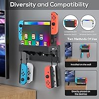 Vista 2 de Switch Wall Mount for Nintendo Switch and Switch OLED,Game Holder Stand with RGB Light,Console Shelf for Charging Dock,7 Game Card,4 Controller