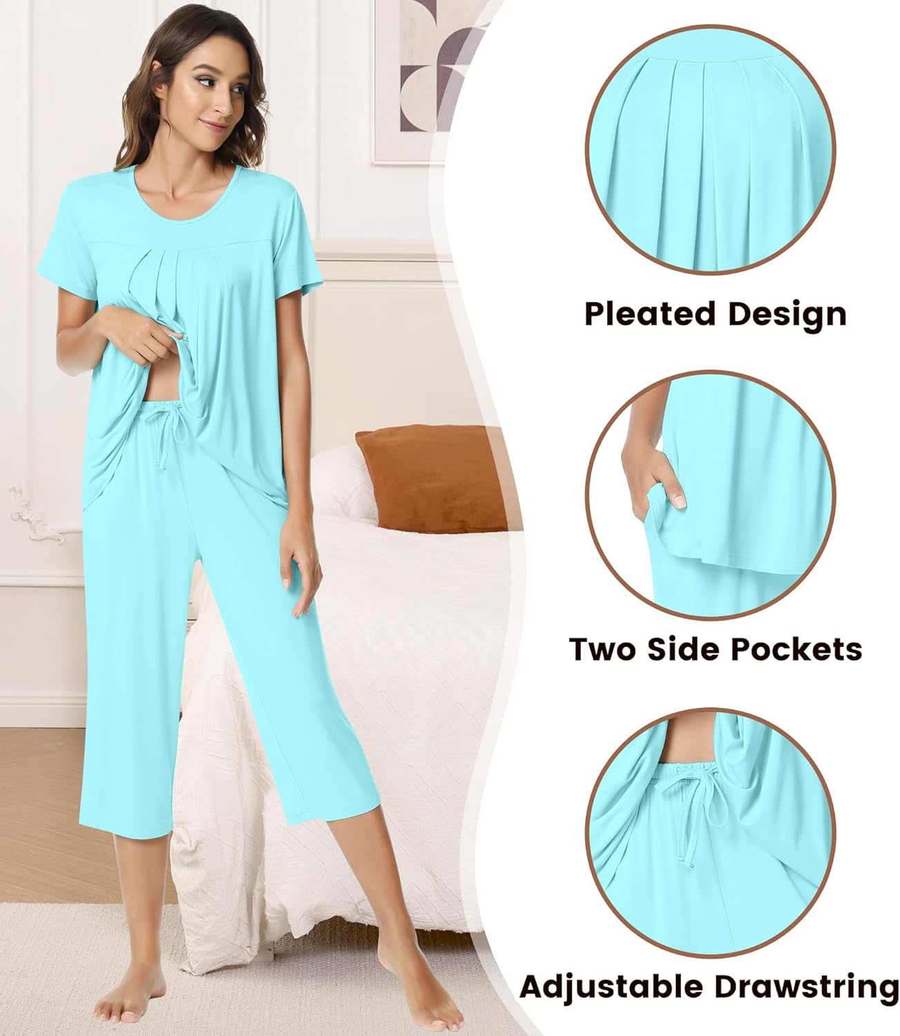 NACHILA Pajamas for Women-Viscose Made from Bamboo,Short Sleeve Sleepwear Cooling Pjs Top Ladies Soft Capri Pants Pajama Sets - Image 4