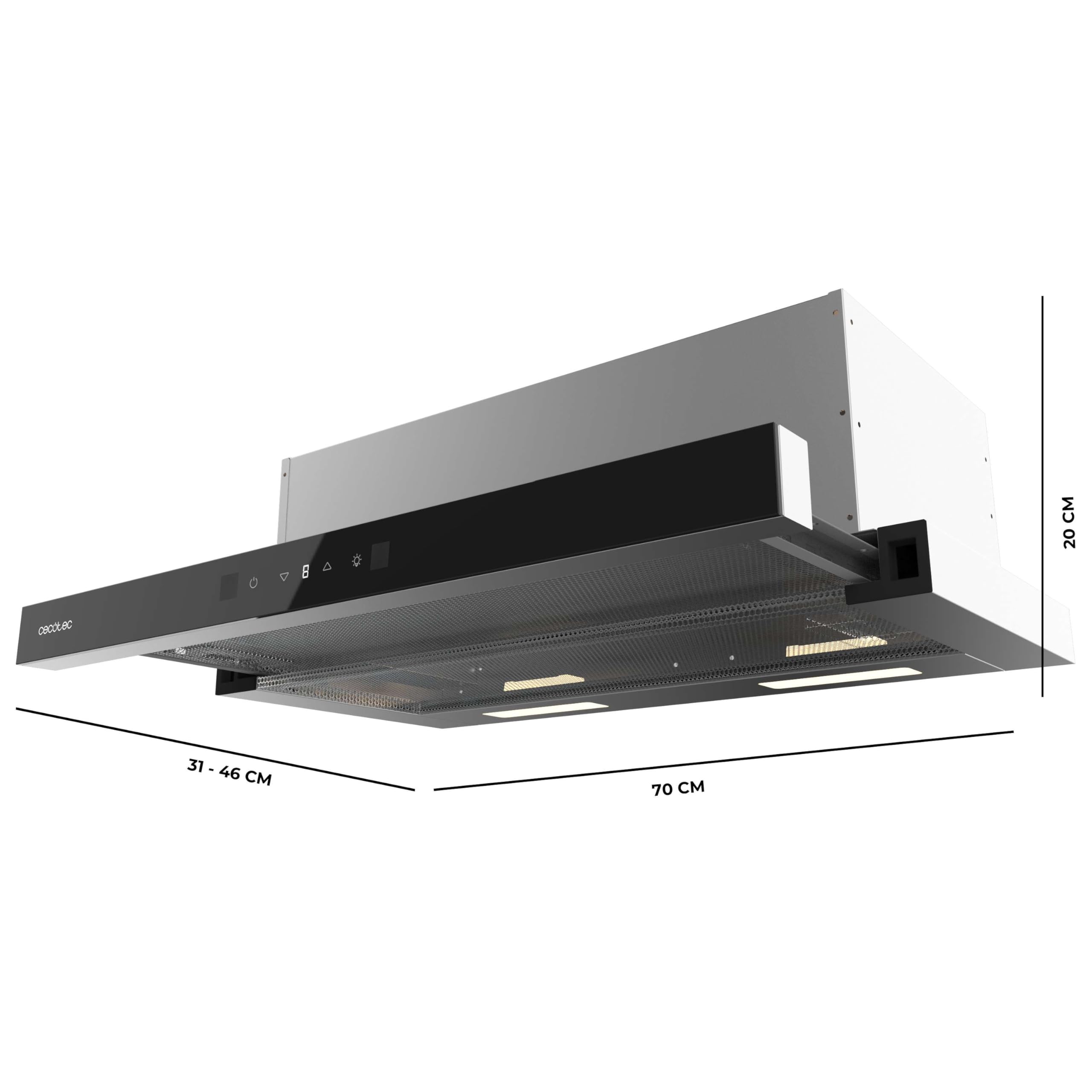 Cecotec Okap teleskopowy 70 cm Bolero Flux TLT 704400 Glass Black A+++. Ssanie 431,2 m³/h, niskie zużycie prądu, silnik DC, kontrola ruchu i dotyk, szkło przednie czarny, korpus ze stali nierdzewnej