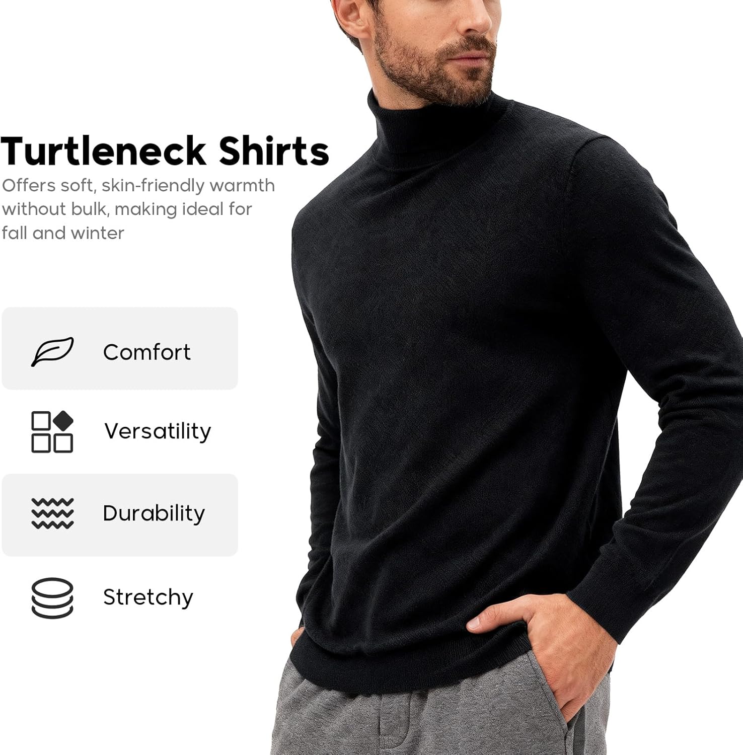 VPG Mens Turtleneck Long Sleeve Shirts, Long Sleeve Regular Fit Knit Turtle Neck Pullover Sweaters - Image 2