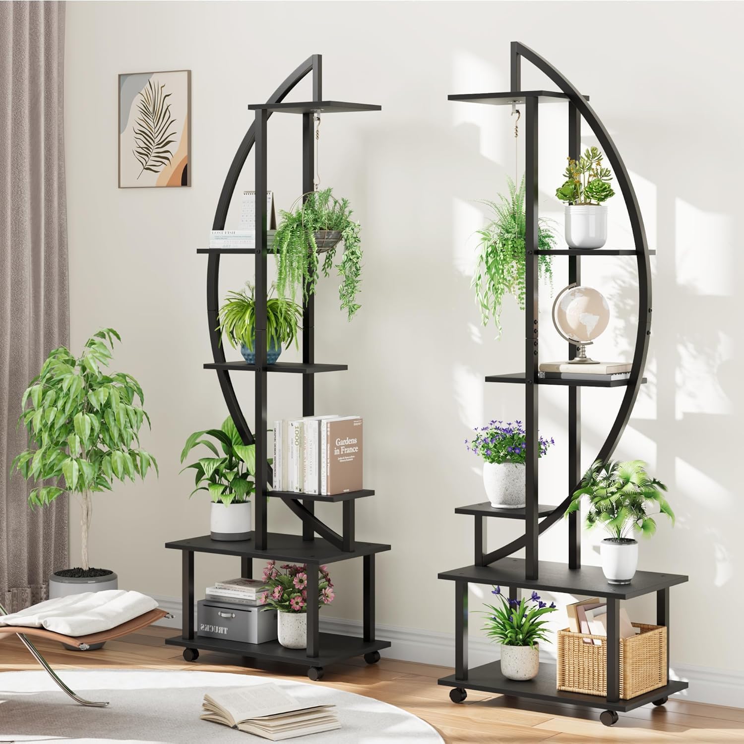 Lot de 2 175Cm Grand Support pour Plantes 6 Niveaux,Grande Étagère à Plantes Demi-Lune intérieur/extérieur,Etagère de Présentation sur Roulettes Amovibles & Crochets pour jardin,balcon,parlor