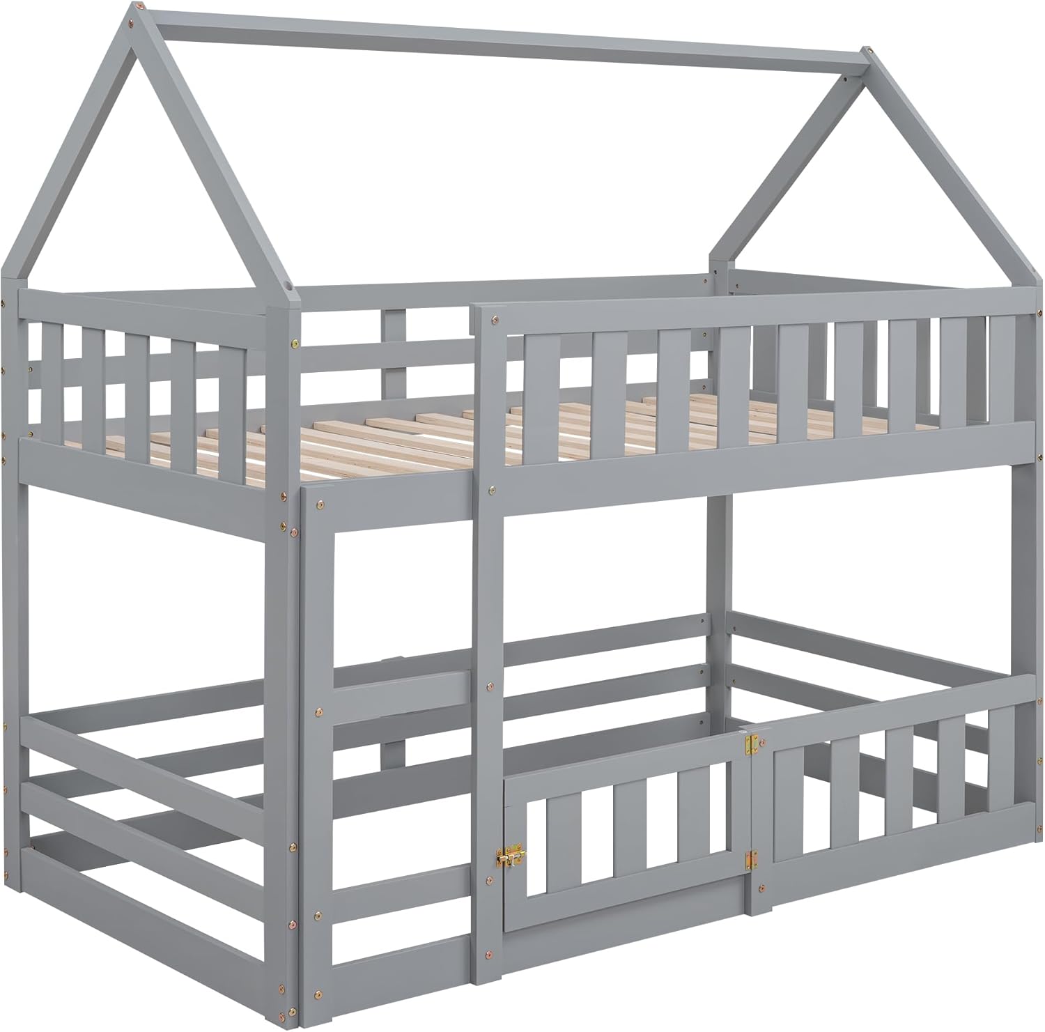 LZ LEISURE ZONE Twin Over Twin Bunk Bed, Wood Twin Size House Bed with Fence and Door, No Box Spring Needed, Gray