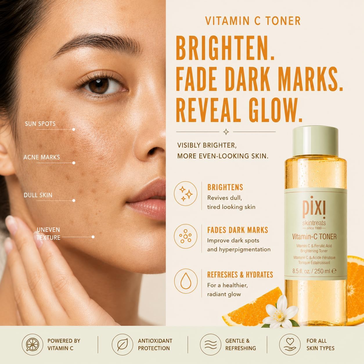 Pixi Vitamin-C Toner Tonic | Fade Dark Spots & Brighten Skin | Vitamin C & Ferulic Acid, with Probiotics | Boost Skin Luminosity, Brighten Dull Skin, Alcohol Free Daily Toner (3.4 oz/100 ml)
