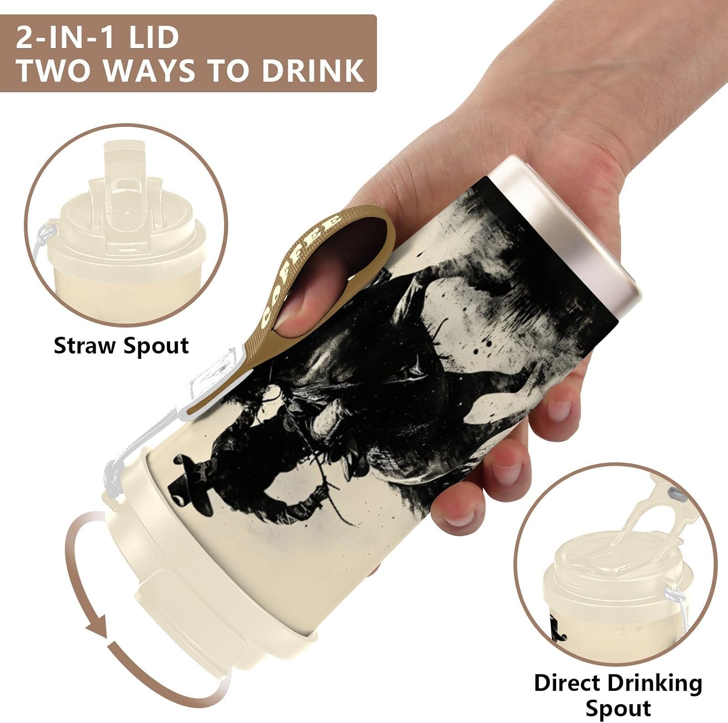 Insulated Coffee Mug Skull Horse Retro with Straw & Flip Lid, 16.9oz Iced Tumbler Cup, Double Wall Vacuum Mug for Travel Office Camping