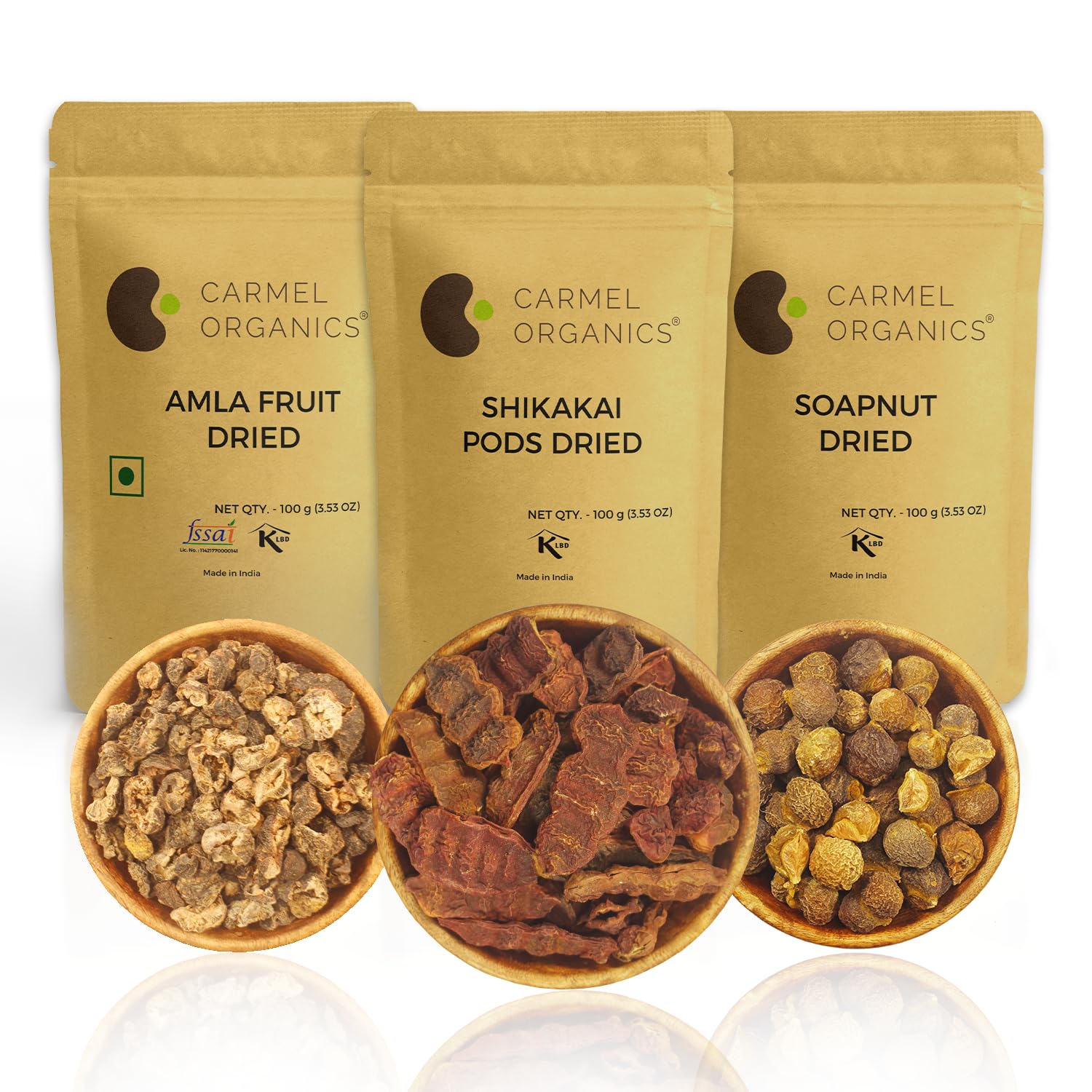 Carmel Organics Amla fruit, soapnut fruit and Shikakai pods combo for hair Care (100 grams each)