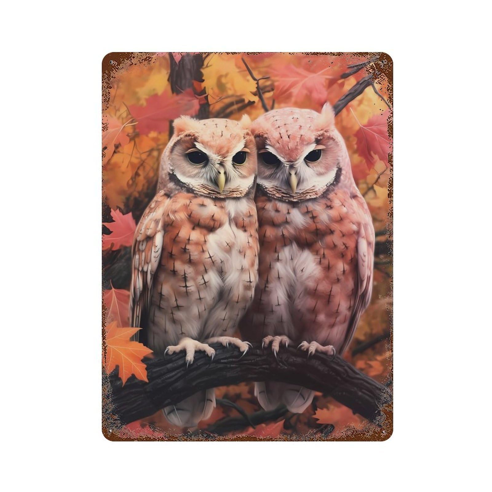 Rust Effect Owl Cuddle Rustic Tin Plaque 15.7"x11.8", Decorative Metal Wall Art for Farmhouse, Kitchen And Entryway Decor