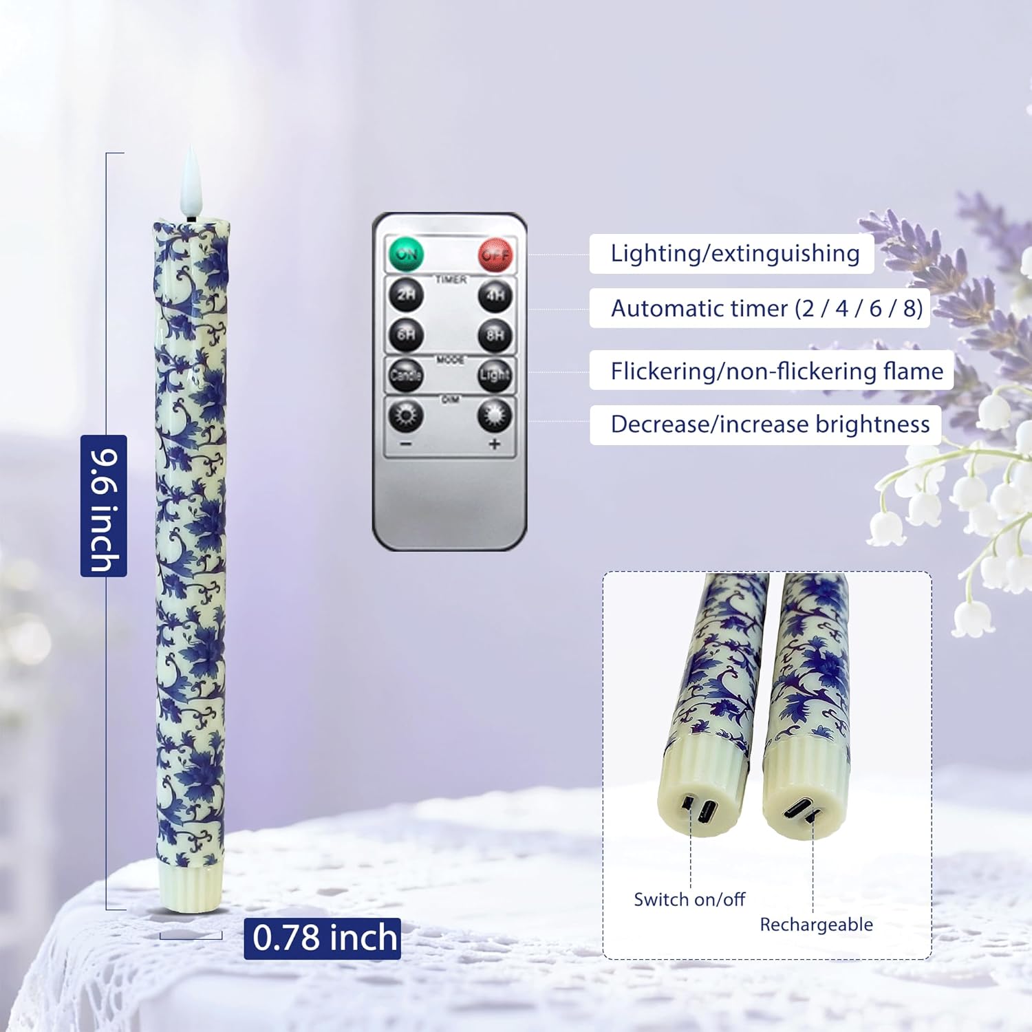 LED Flame Free Candle Set (2-Piece) Remote Controlled Blue and White Rechargeable Battery Operated Timed Suitable for Home Decor Weddings Festive Celebrations（Blue and White Porcelain）