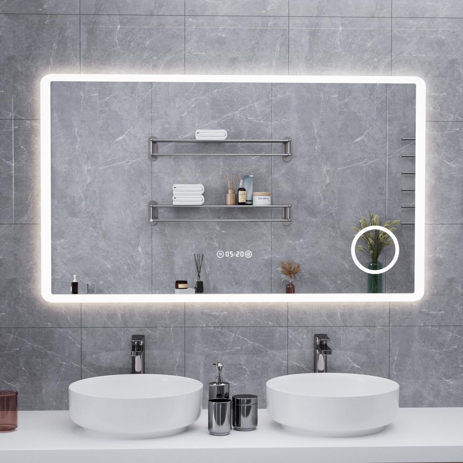 NeoArt Bathroom Mirror with Led Lights, 5mm High-Definition Silver Mirror, 3 Lighting Color Temperatures and Dimmable Brightness Wall-Mounted Bathroom Mirror with Touch Switch & Makeup Mirror
