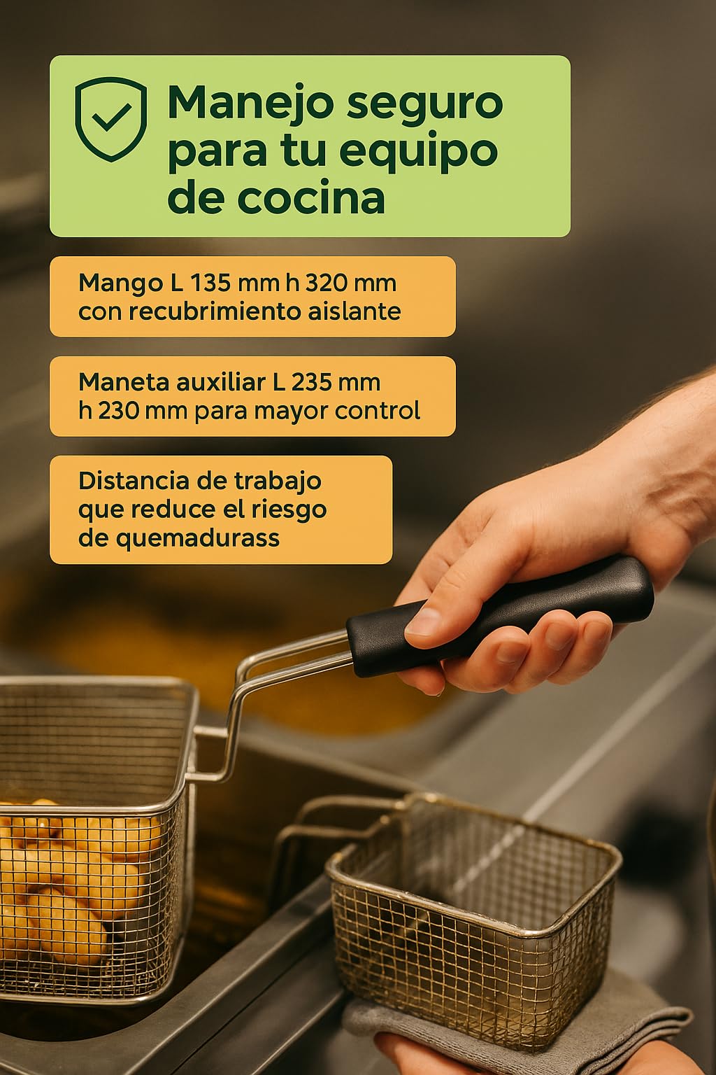 CubetasGastronorm ® Cesta Freidora Gas 8L 200x310x145mm Acero Inoxidable Cocina Profesional Recambio Universal Compatible Con Lucca Aurora GF-2X8L GF-8L Asa Fria Para Freidoras De Hosteleria Plus
