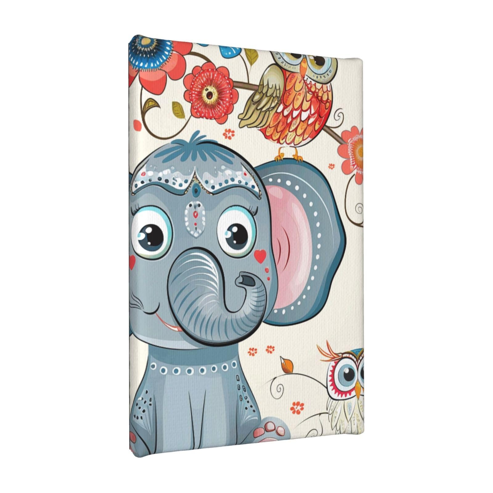 YKLJG Cartoon Elephant and Owls Floral Printed Wall Art Canvas Painting 20x30 CM Wooden Framed Picture Painting Artwork Prints for Bedroom Kitchen Home Office Decor