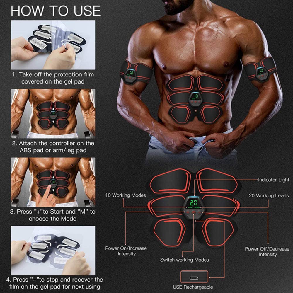 6 trybów stymulatora mięśni brzucha EMS, brzucha, bioder, ramion i nóg, tonera z wyświetlaczem LCD, trening fitness USB, siłownia domowa, odchudzanie, odchudzanie