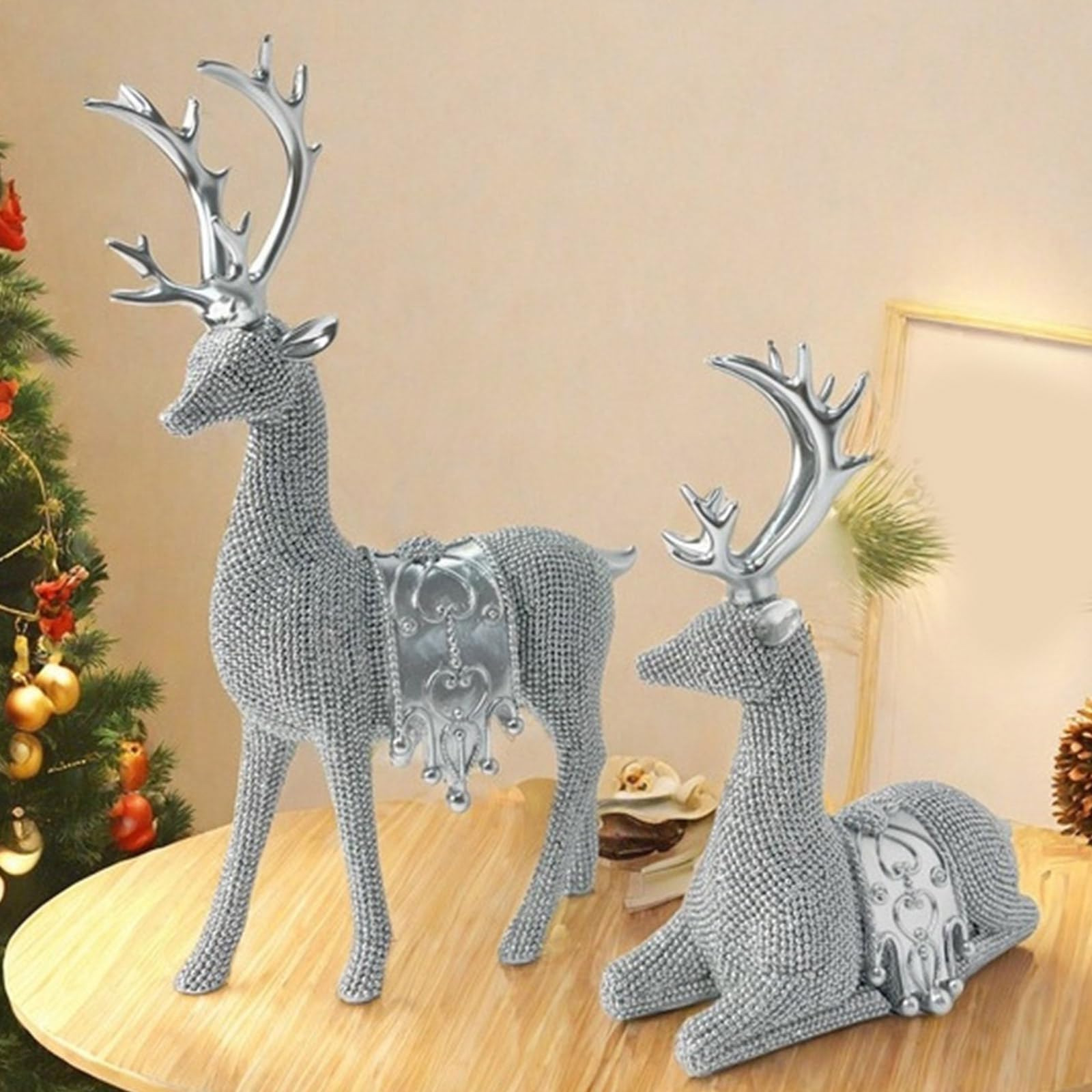 Juego de 2 figuras de renos en miniatura para festivales, figuras de ciervo de Navidad, adorno para mesa de temporada, estatua de reno