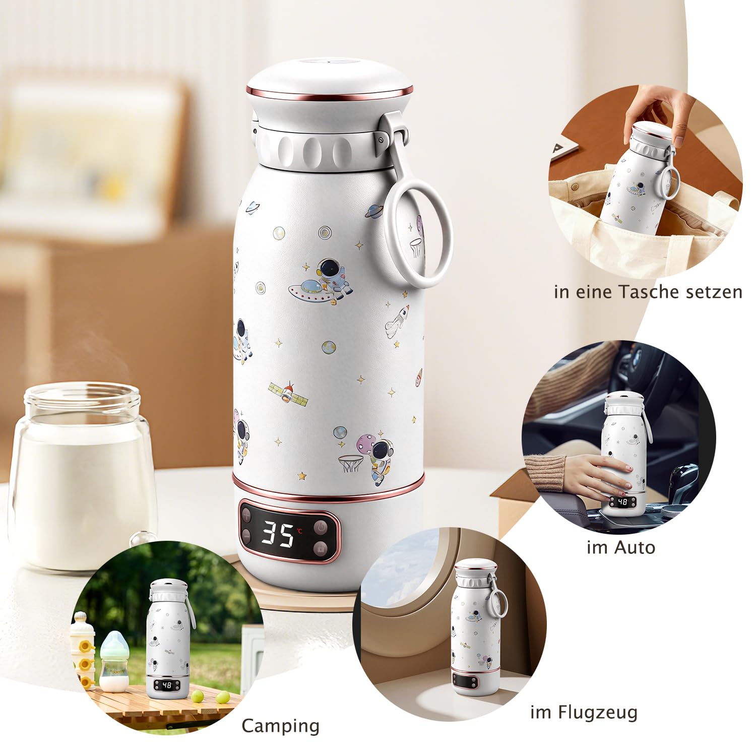 Tragbarer Flaschenwärmer Baby Unterwegs, Baby Erstausstattung Neugeborene | 500ml, 2 Min Aufheizzeit, 18000 mAh, 2H Ricarica rapida, Lang anhaltende Wärmespeicherung 24h, Reise Wasserkocher