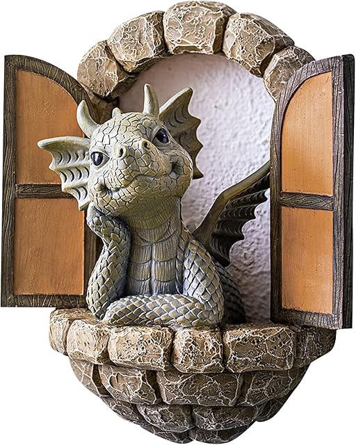 Courtyard Dragon Sculpture Wall Decoration,Lovely Resin Garden Dragon Statue,Little Dragon Meditating in Front of The Window Art Figurines Decor Ornaments for Patio Yard