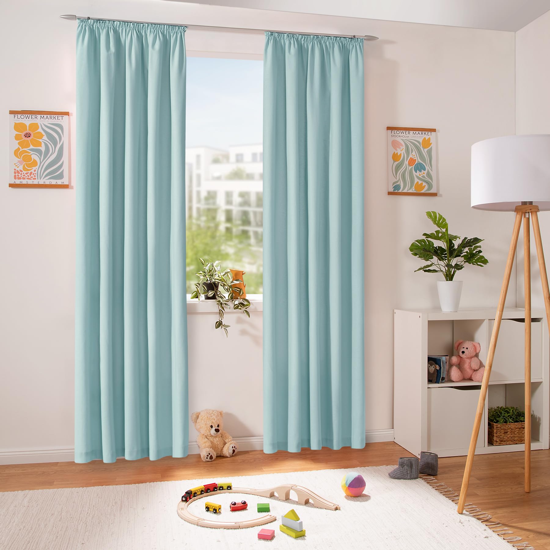 heimtexland ® Dekoschal Baumwolle Uni Blickdicht Vorhang Kräuselband Gardine Kinderzimmer Pastell Himmelblau HxB 245x135 Typ625