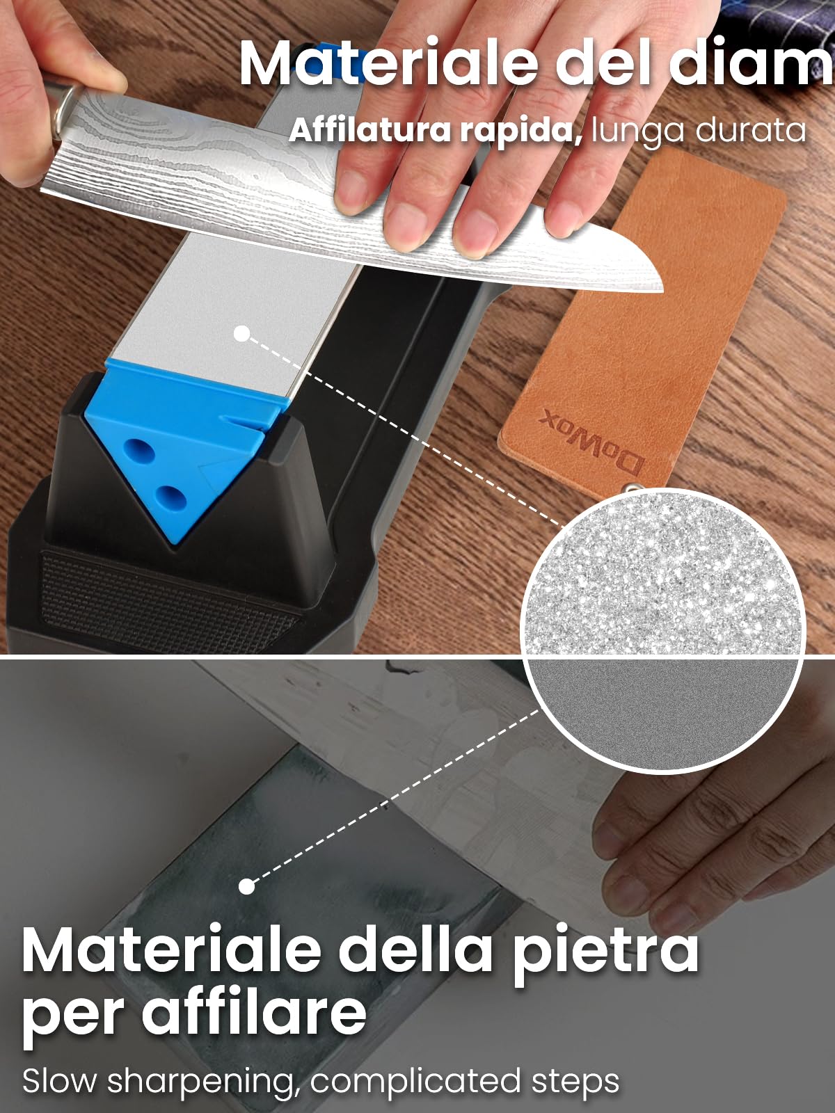Kit di pietra diamantata per affilare i coltelli, 3 grana laterale 400/1000/8000, pietra per affilare i coltelli, pietra diamantata e ceramica di alta qualità con coramella in pelle e guida