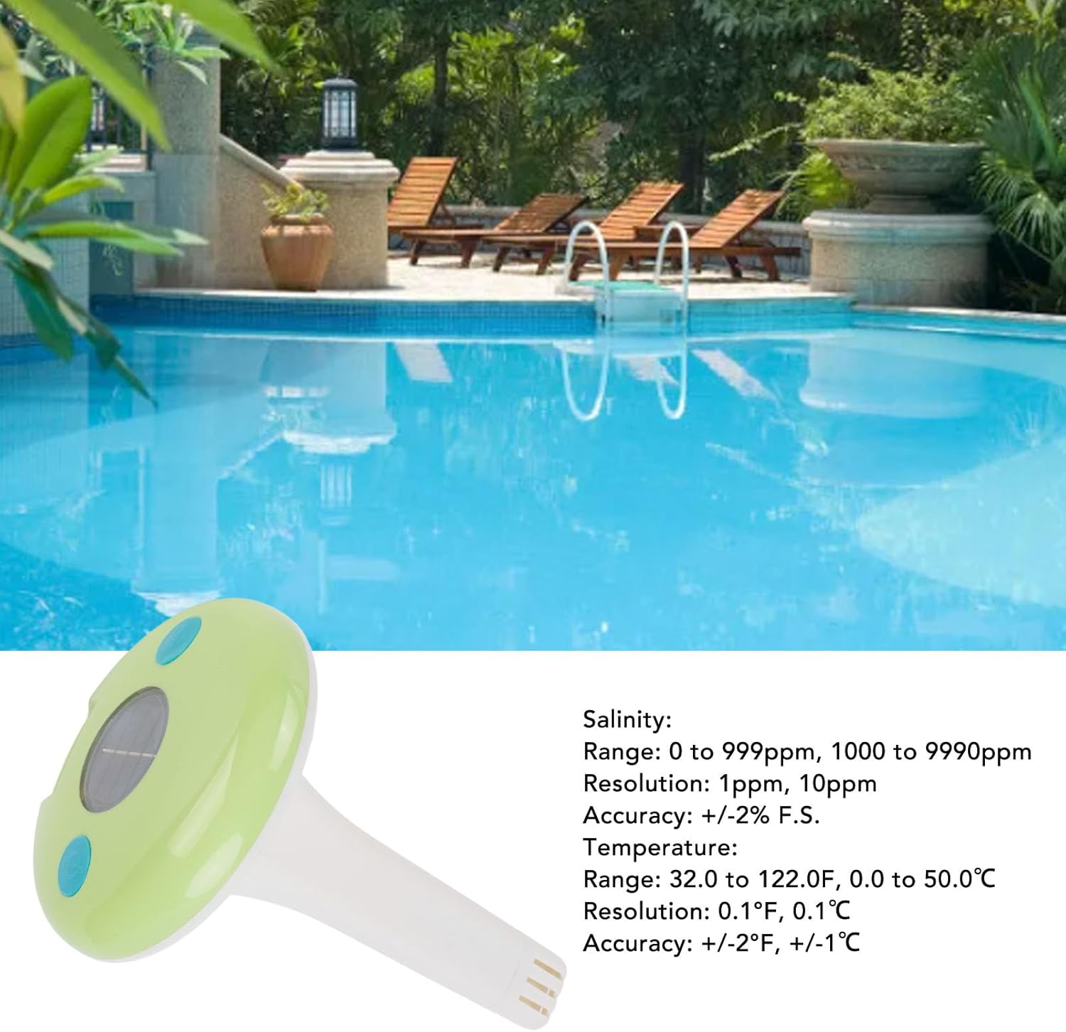 Fdit Floating Pool Thermometer, Easy Read Digital Salinity Water Quality Tester with Solar Energy for Pools, Spas, Hot Tubs, with Standout Numbers and Long Lifespan