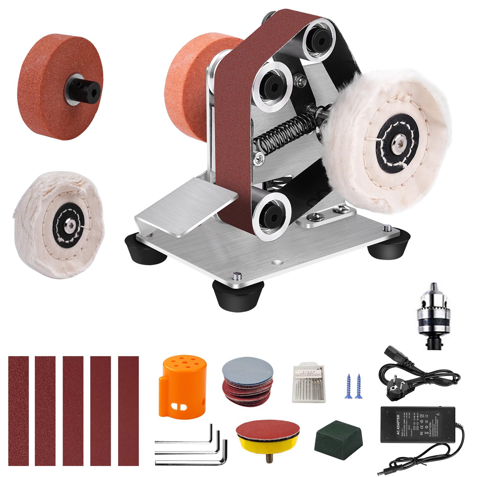 Mini lijadora de banda, lijadora de banda eléctrica, 4000-9000 rev/min, pulidora ajustable de 7 etapas, afilador de cuchillos con 10 bandas de lijado para bricolaje, madera, metal, pulido