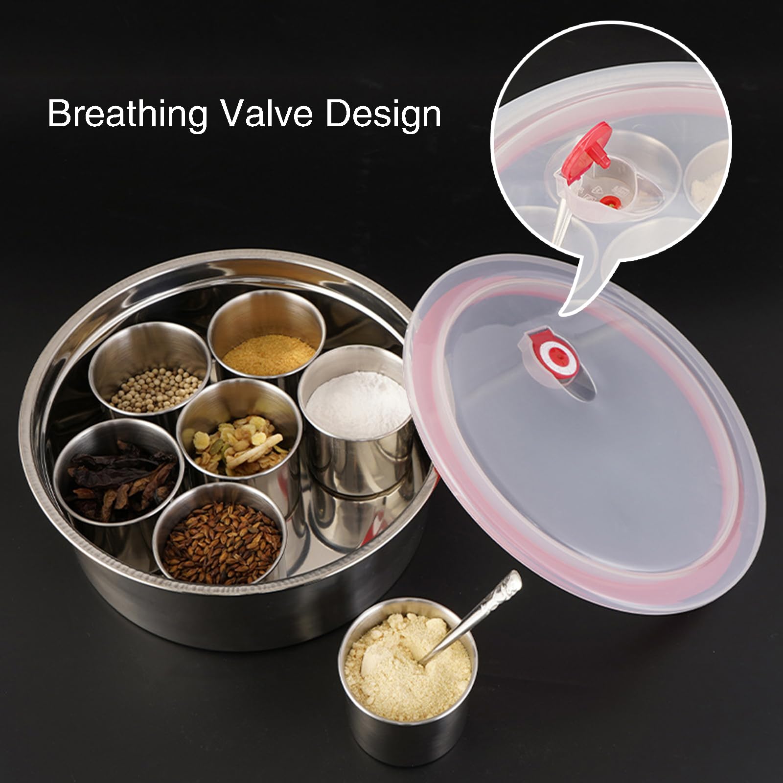 Recipiente de Acero Inoxidable de 7 Rejillas para Juego de Especias, Tarro de Especias Redondo de 25 cm con Tapa Transparente, Caja Organizadora de Condimentos de Cocina con Cuchara para Condimentos