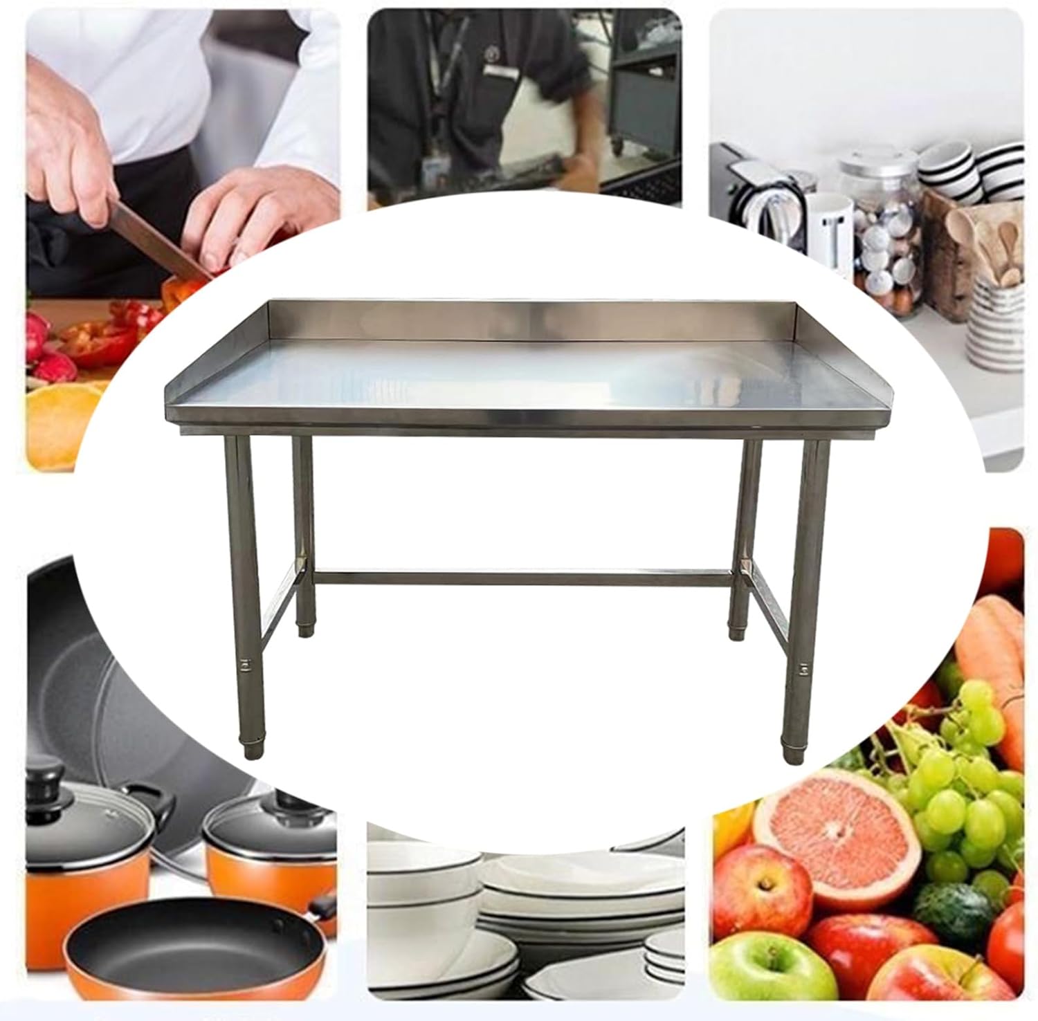 Workbench with Three-Sided Guardrails Stainless Steel Kitchen Cutting Board Countertop Adjustable Feet Worktable Reinforced with Pull-Down Rods(60x40x80cm/23.6x15.7x31.5”)