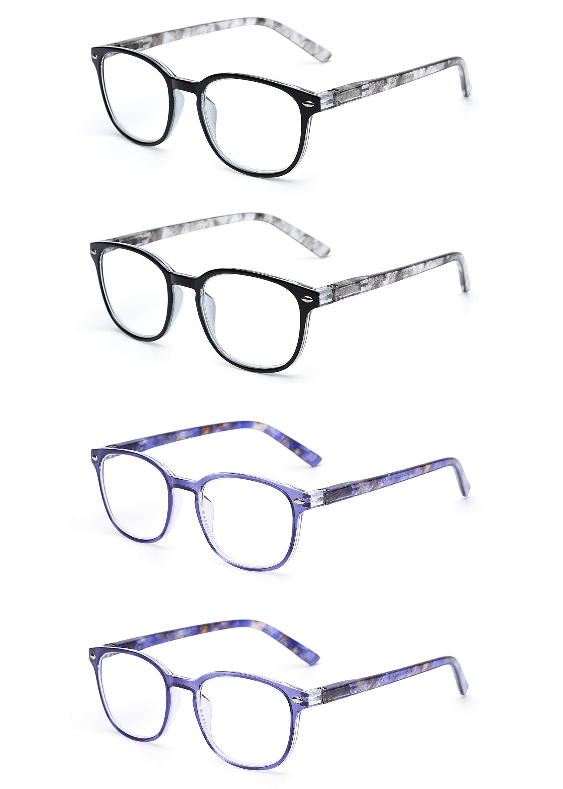 JM Reading Glasses Women with Spring Hinge 4 Pack, Lightweight Quality Vintage Readers Colorful Square Glasses for Ladies +2.25 Magnifying