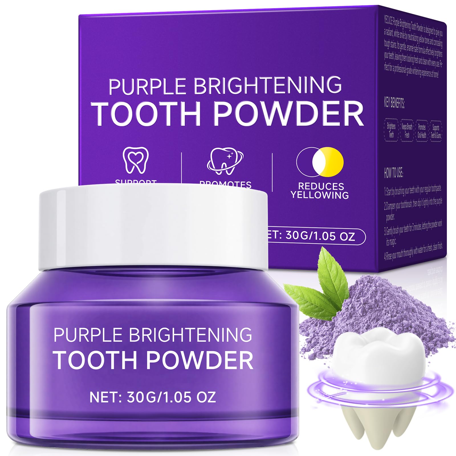 Teeth Whitening Powder Purple Enhances Tooth Brightness Effectively Lifts Stains Fresh Mint Flavor Enamel Safe Brightening Powder Long-Lasting