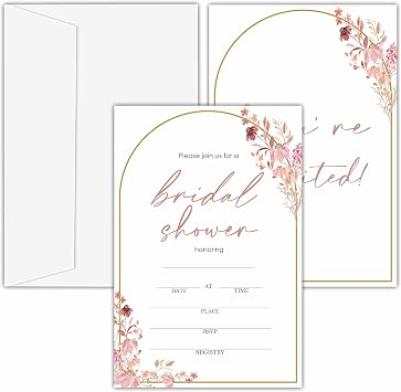 Bridal Shower Invitations, 25 Pink Arch Invites with Envelopes for Bridal Shower Reception Engagement Party, Floral Wedding Party Cards - B04