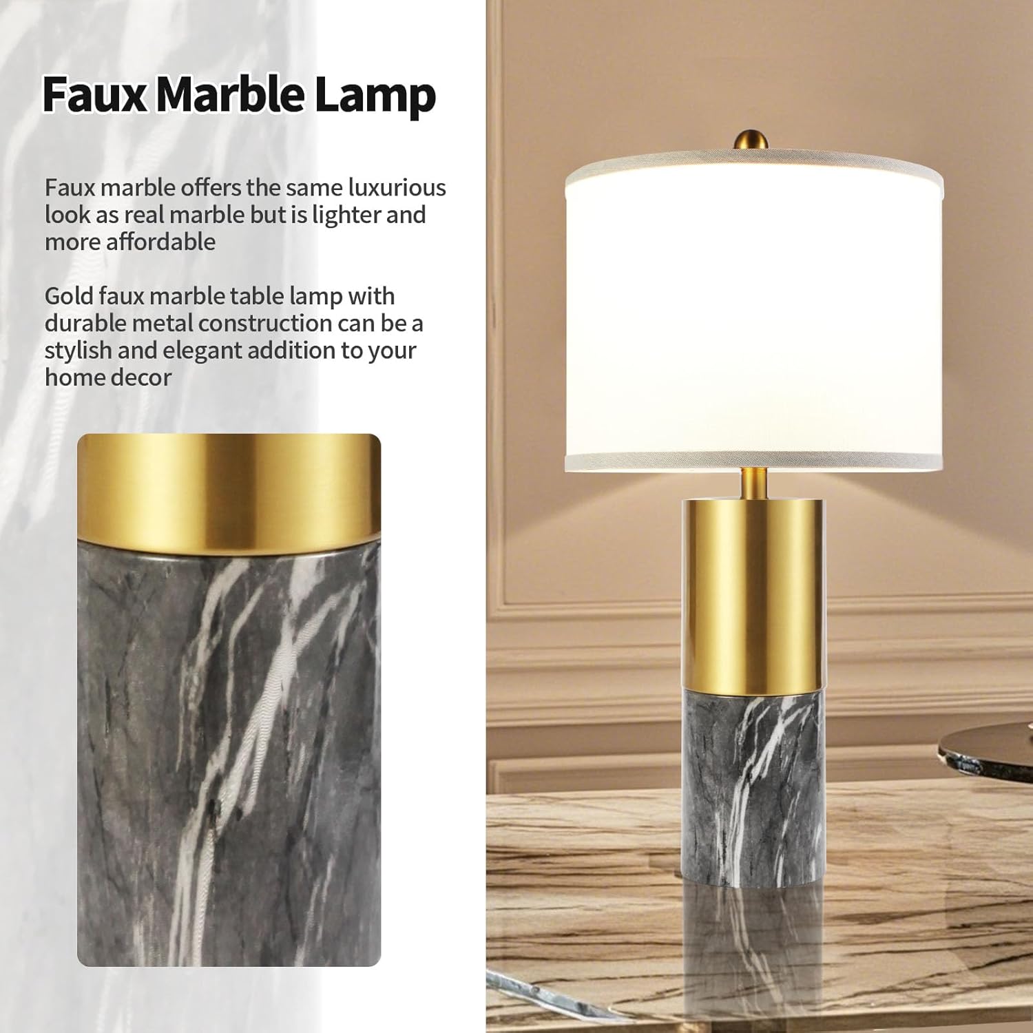 22" Faux Marble Table Lamps Set of 2, Modern 3-Color Temperature Table Lamps with Fabric Shades, Contemporary Bedside Nightstand Lamps for Living Room Bedroom (2 LED Bulbs Included) - Dark Gray & Gold