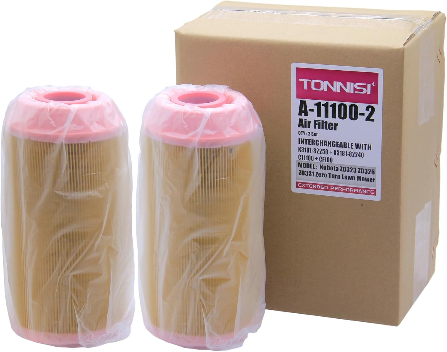 2 Set of TONNISI A-11100-2 Inner & Outer Air (H&V) Filter Kit Replaces K3181-82250 & K3181-82240, C11100 & CF100 Compatible with Kubota ZD323 ZD326 ZD331 Zero Turn Lawn Mowers
