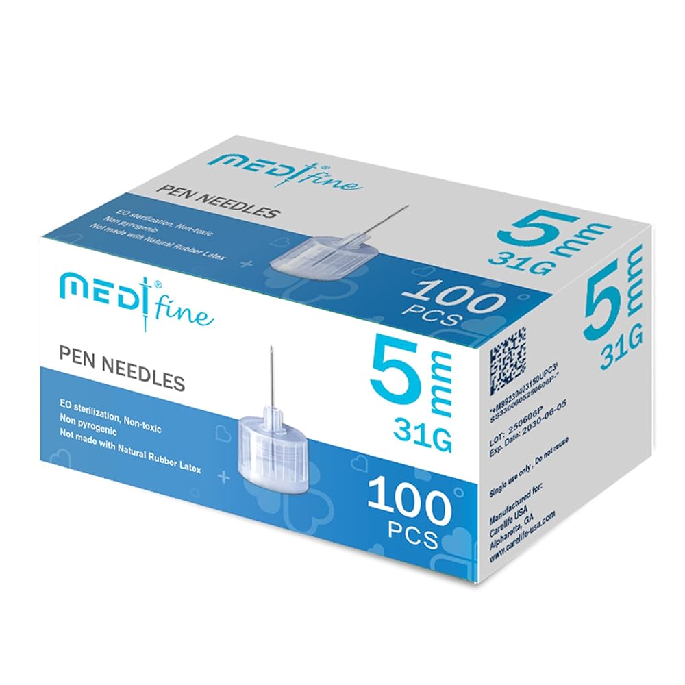 Medt - Fine Insulin Pen Needles (31G 5mm), Diabetic Needles for Insulin Injections, Ultra Fine Compatible with Most Diabetes Pens, Gamma Sterilized - 100 Ct, Pack of 1
