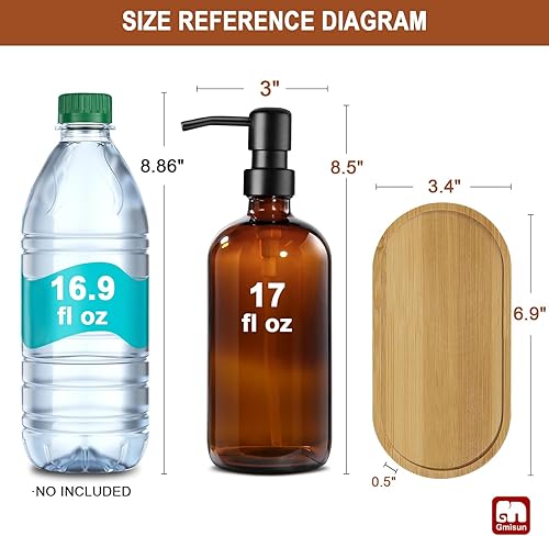 Miniatura 95 de GMISUN Dispensador de jabón de vidrio ámbar, paquete de 2 dispensadores de jabón de manos de baño con bomba de bambú, juego de dispensador de jabón