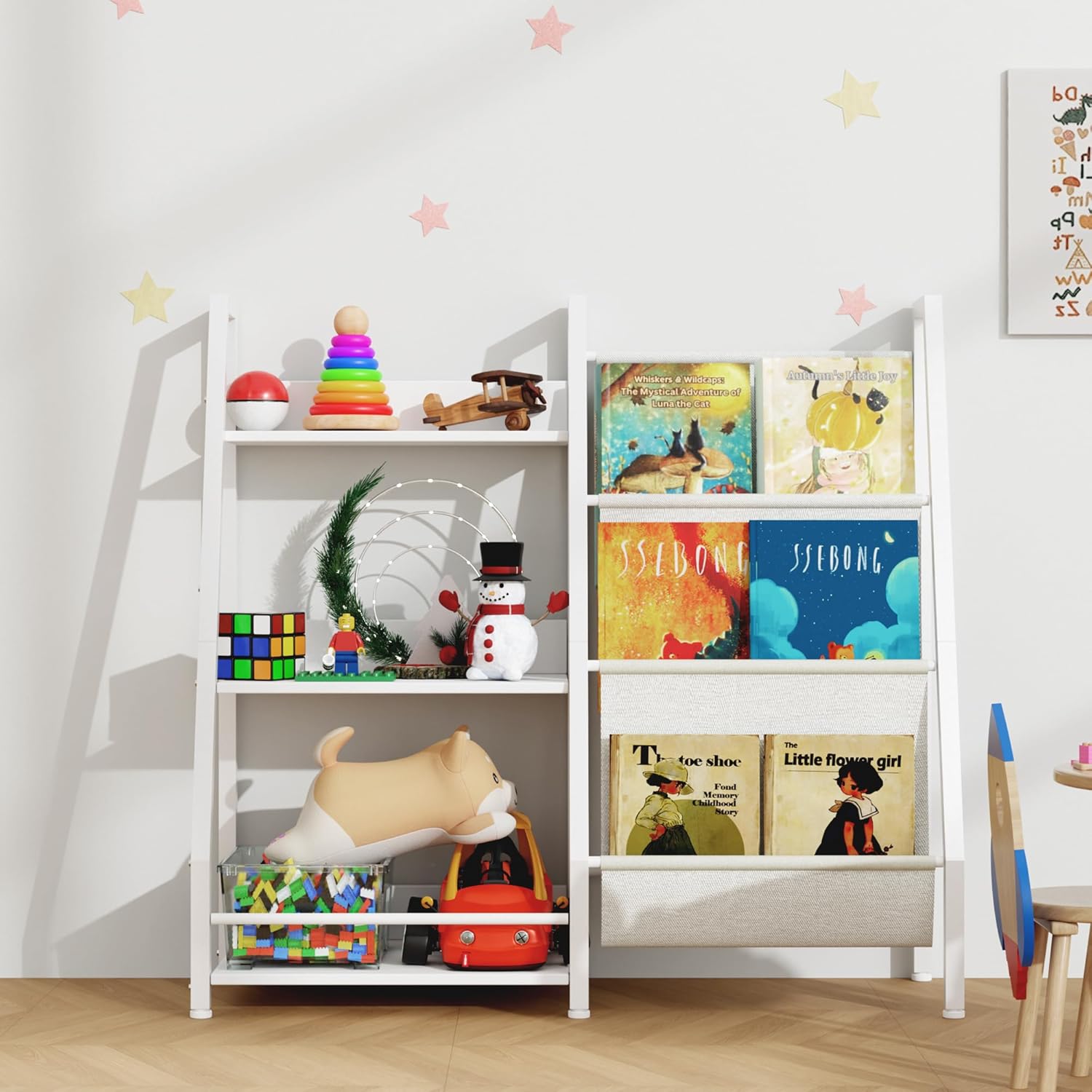 Kids Bookshelf Wooden 3-Tier with Storage Bag, Scalloped Book Shelf for Kids Rooms, Front Facing Toddler Montessori Bookshelf, Baby Nursery Book Shelves Kid Classroom Bookshelfs Bookcase