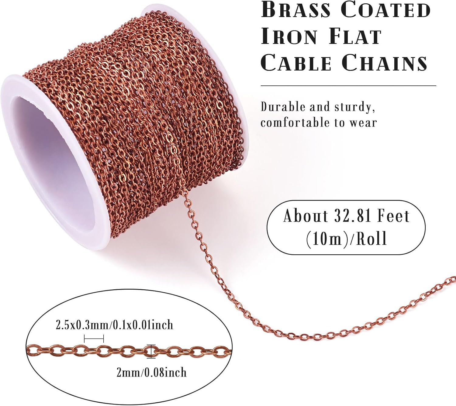 Beadthoven 32.8Ft Brass Flat Cable Chain for Jewelry Making 2mm Red Copper Flat Cross DIY Necklace Chain Bracelet Jewelry Finding Chains Extender Chains Bulk for Jewelry Making Supplies - Image 2