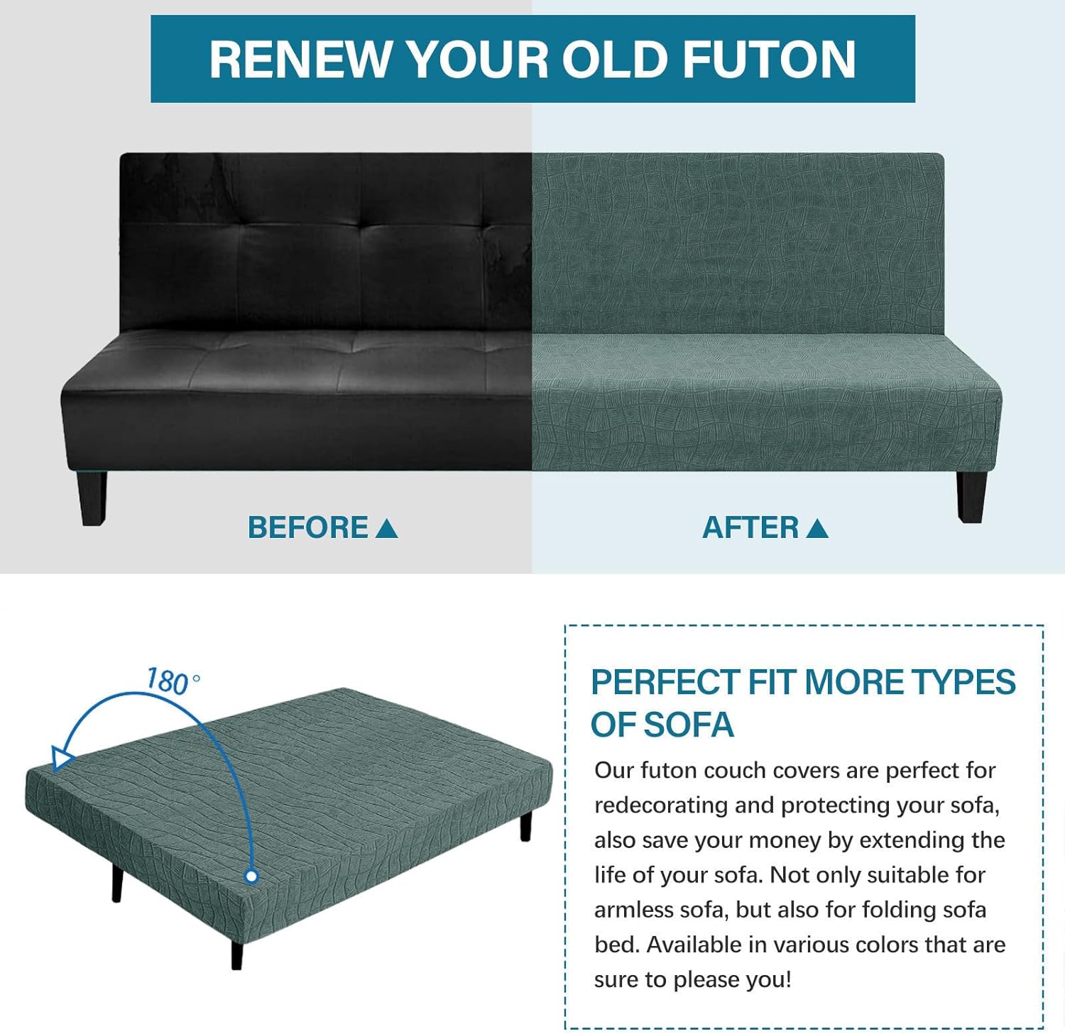 Waterproof Futon Slipcover, Stretch Futon Cover Living Room Folding Armless Sofa Cover Removable Washable Sofa Bed Cover-Green-66.9-81.9in(170-208cm)