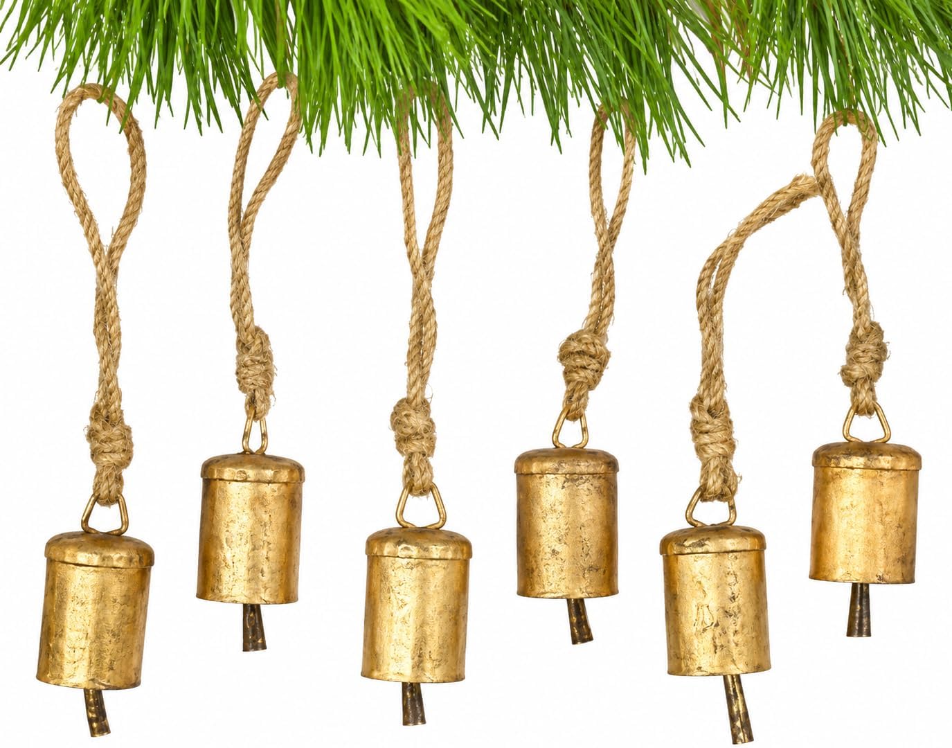 Set of 6 Vintage Rustic Hanging Bells – Handmade Antique Tin Cow Bells with Rope – Iron Metal Wind Chimes for Christmas Tree, Home Decor, Outdoor & Festival Decoration