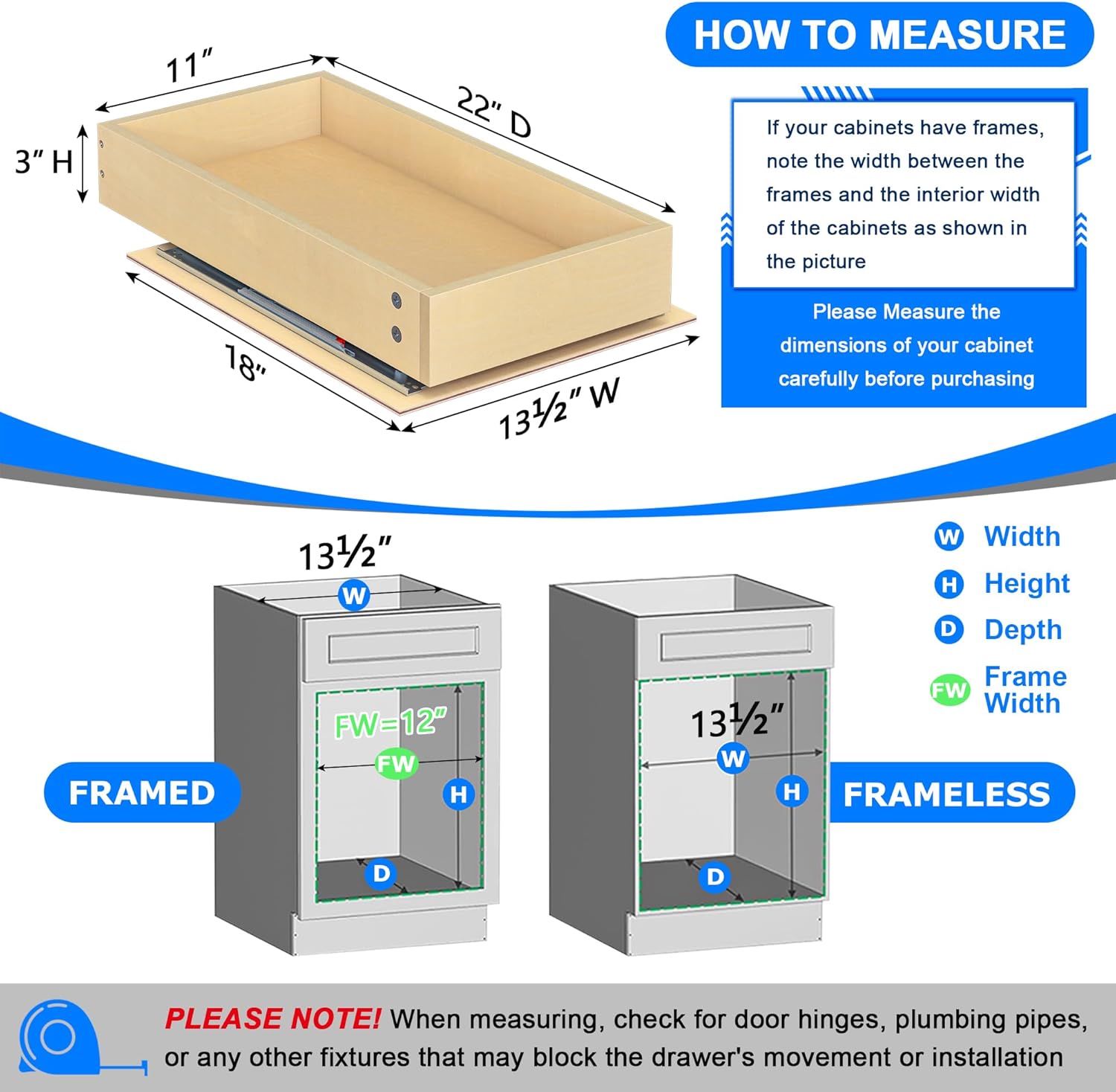 Diagram showing how to measure cabinet dimensions for both framed and frameless cabinets, highlighting width, depth, and height.