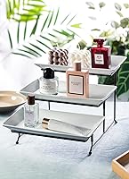 Vista 6 de LYEOBOH Juego de soporte y bandejas escalonadas, soporte grande para bandeja escalonada, bandeja para servir de 3 niveles con estante plegable más