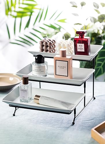 Miniatura 6 de LYEOBOH Juego de soporte y platos escalonados, soporte grande para bandeja escalonada, bandeja para servir de 3 niveles con estante plegable más