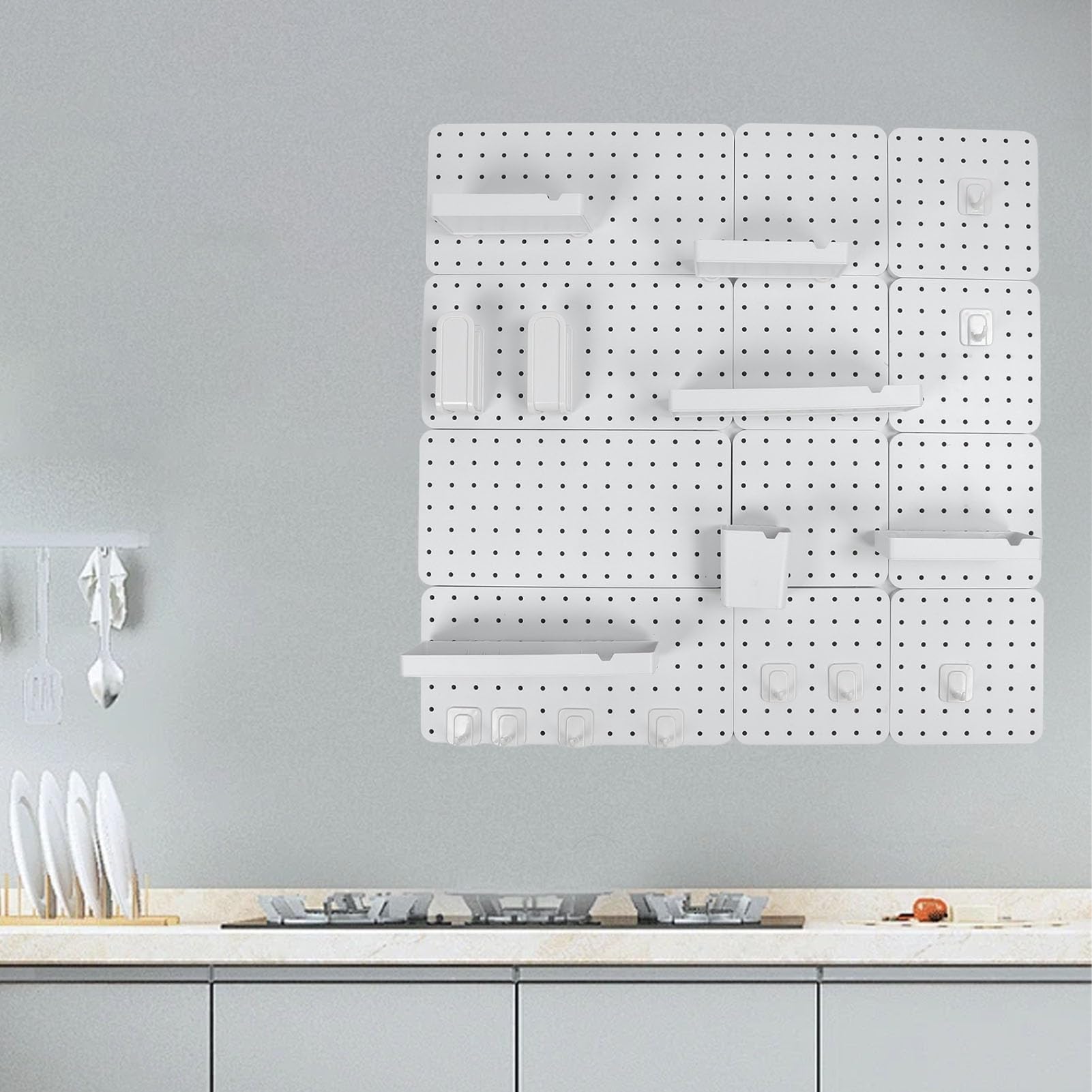 Organizador de Pared Combinado de Tablero Perforado que Ahorra Espacio para Baño y Garaje Fácil Instalación Material Duradero 21x21cm 42x21cm (Conjunto 8)